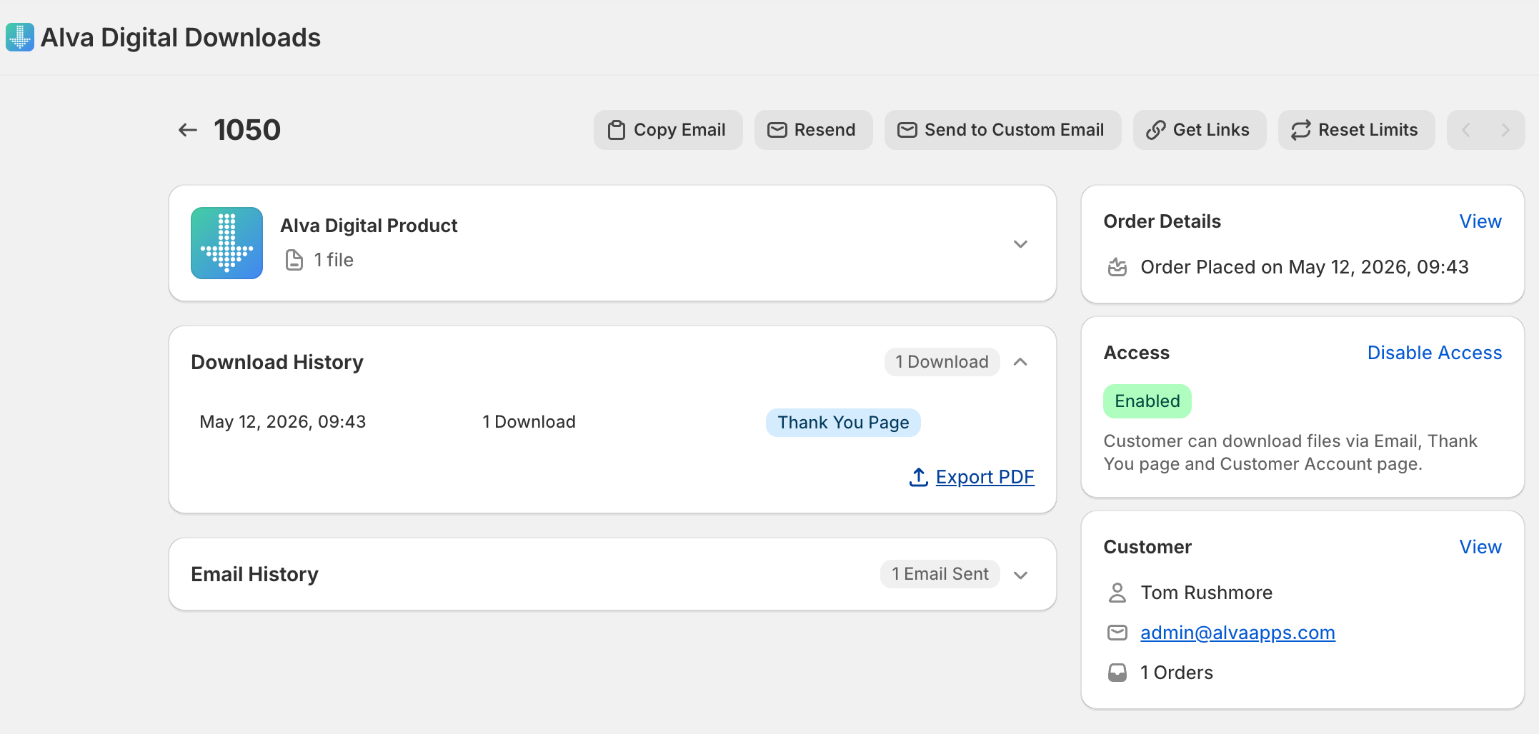 Alva admin → Download log page with the Export CSV button highlighted. Show 5–8 example rows with placeholder customer names and download timestamp…