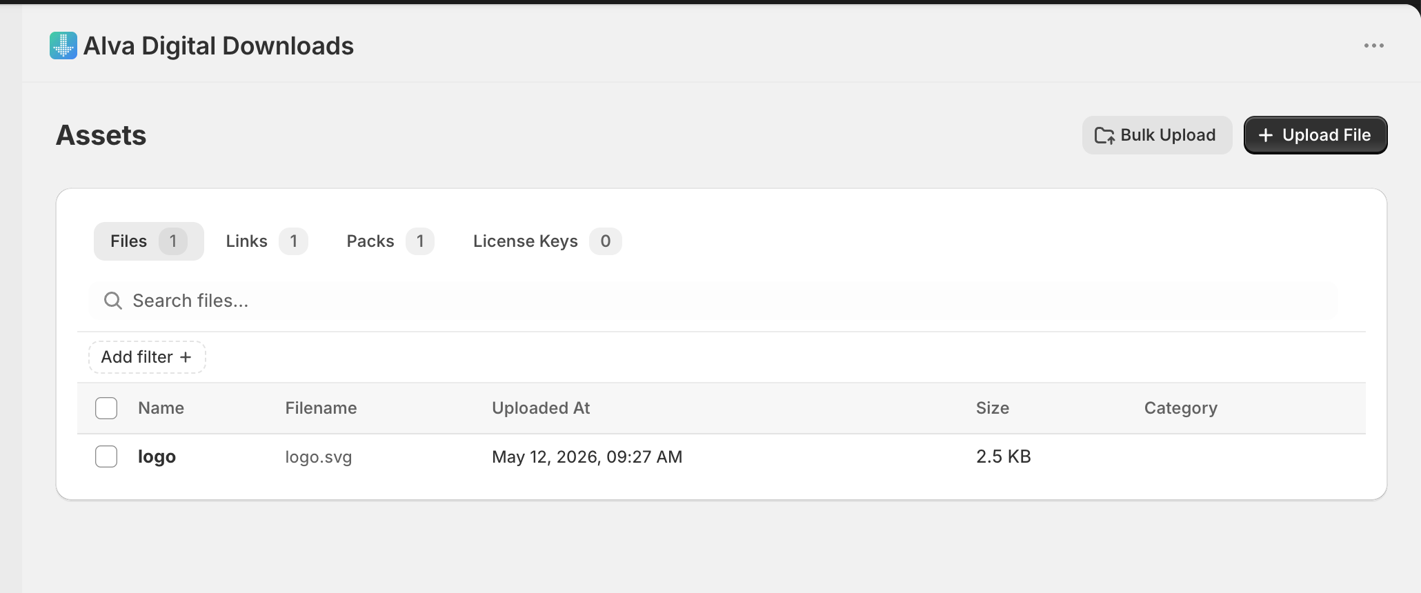Admin → Files page. Highlight the storage usage indicator at the top (e.g. "12.4 GB of 35 GB used" with a progress bar). Show 4–6 example files in…