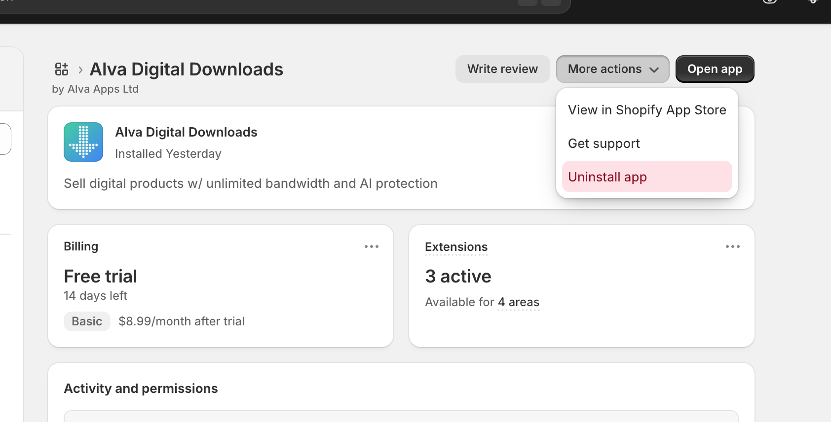 Shopify admin → Apps and sales channels page. Highlight the Uninstall option in the row's overflow menu for Alva Digital Downloads. No real shop da…