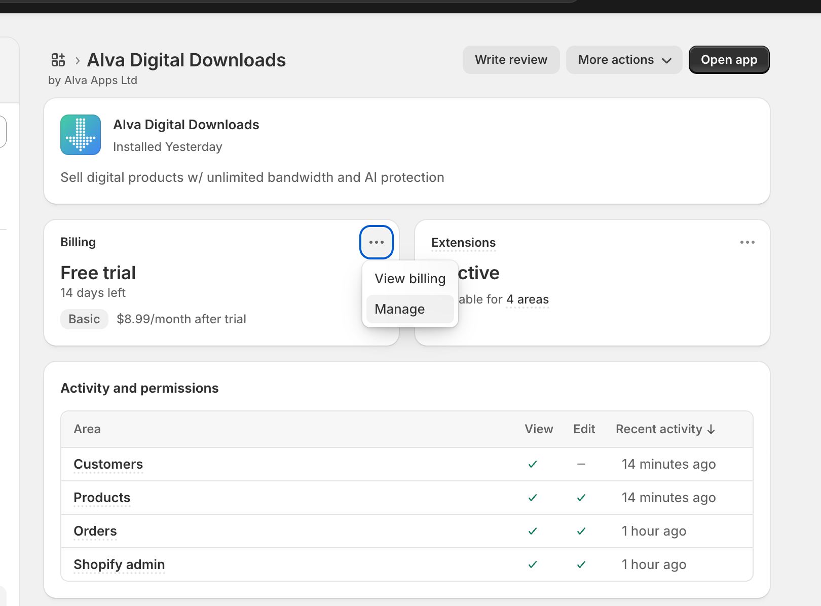 Shopify admin → Apps and sales channels → Alva Digital Downloads → Manage subscription. Highlight the plan selector and the "Confirm" button. Show…