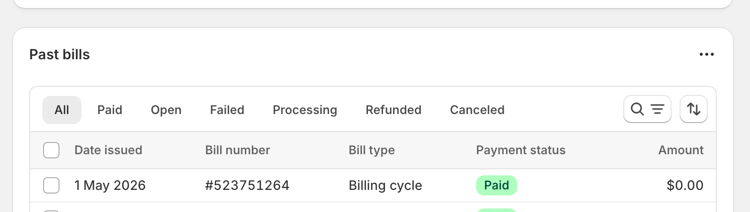 Shopify admin → Settings → Billing → Bills page. Highlight the Alva Digital Downloads line item and the View bill button on its row. No real billin…