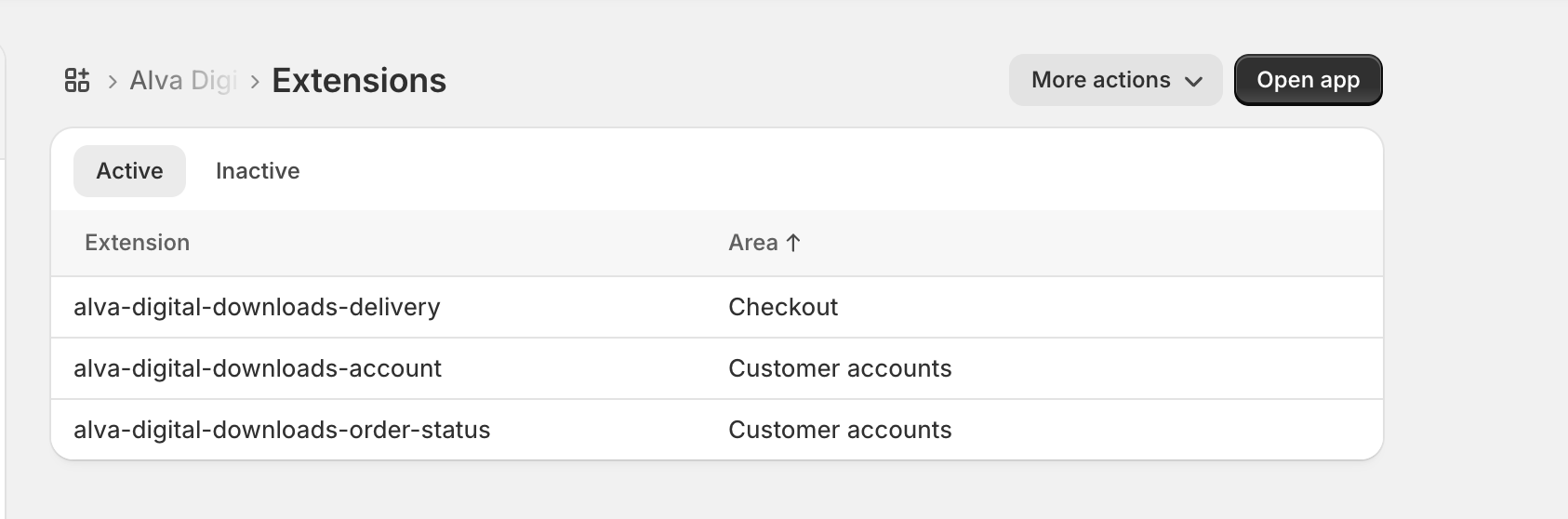 Admin Shopify → Paramètres → Applications et canaux de vente → Écran de détail Alva Digital Downloads, avec l'extension alva-digital-downloads-account visible…