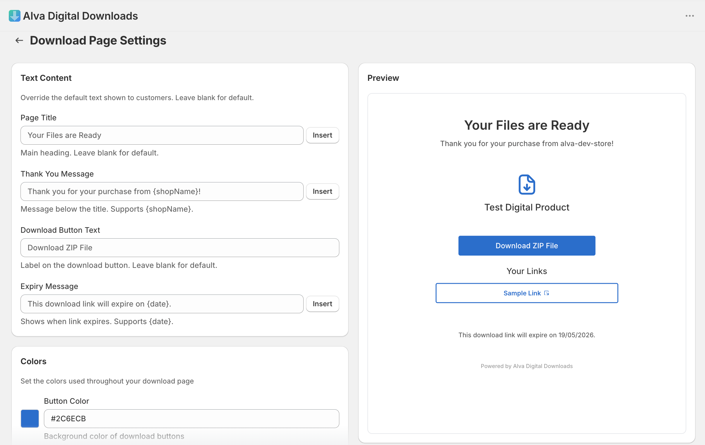 The Settings → Download page screen. Show the three cards on the left (Text, Colors, Layout &amp; logo) and the live preview pane on the right rend…