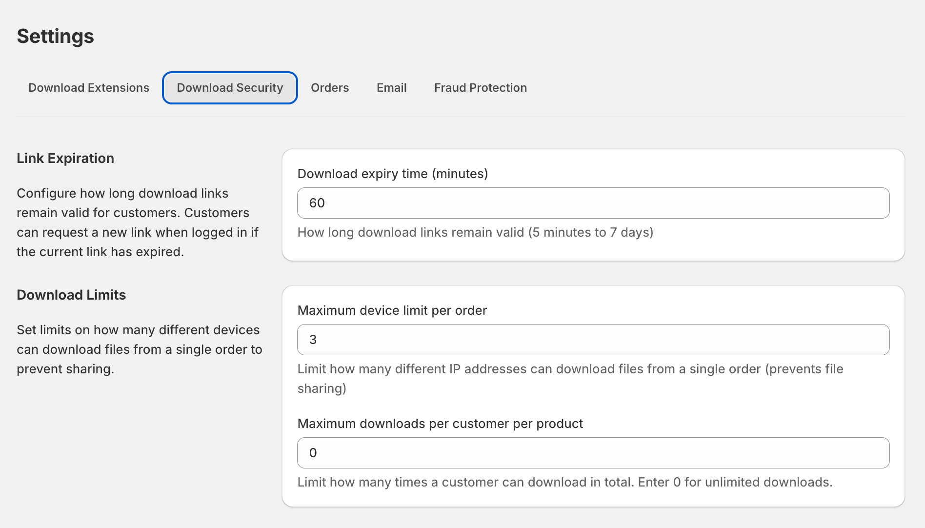 Alva Settings page with the Downloads tab selected. Show both cards: Link Expiration (top) with the Download expiry time field, and download limits…