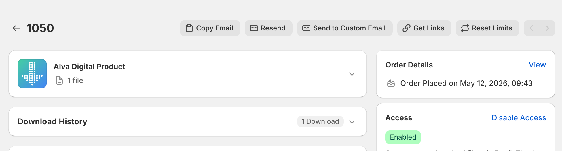 Order page Downloads tab with one file row visible. Highlight the Copy link and Resend email buttons on the right of the row.