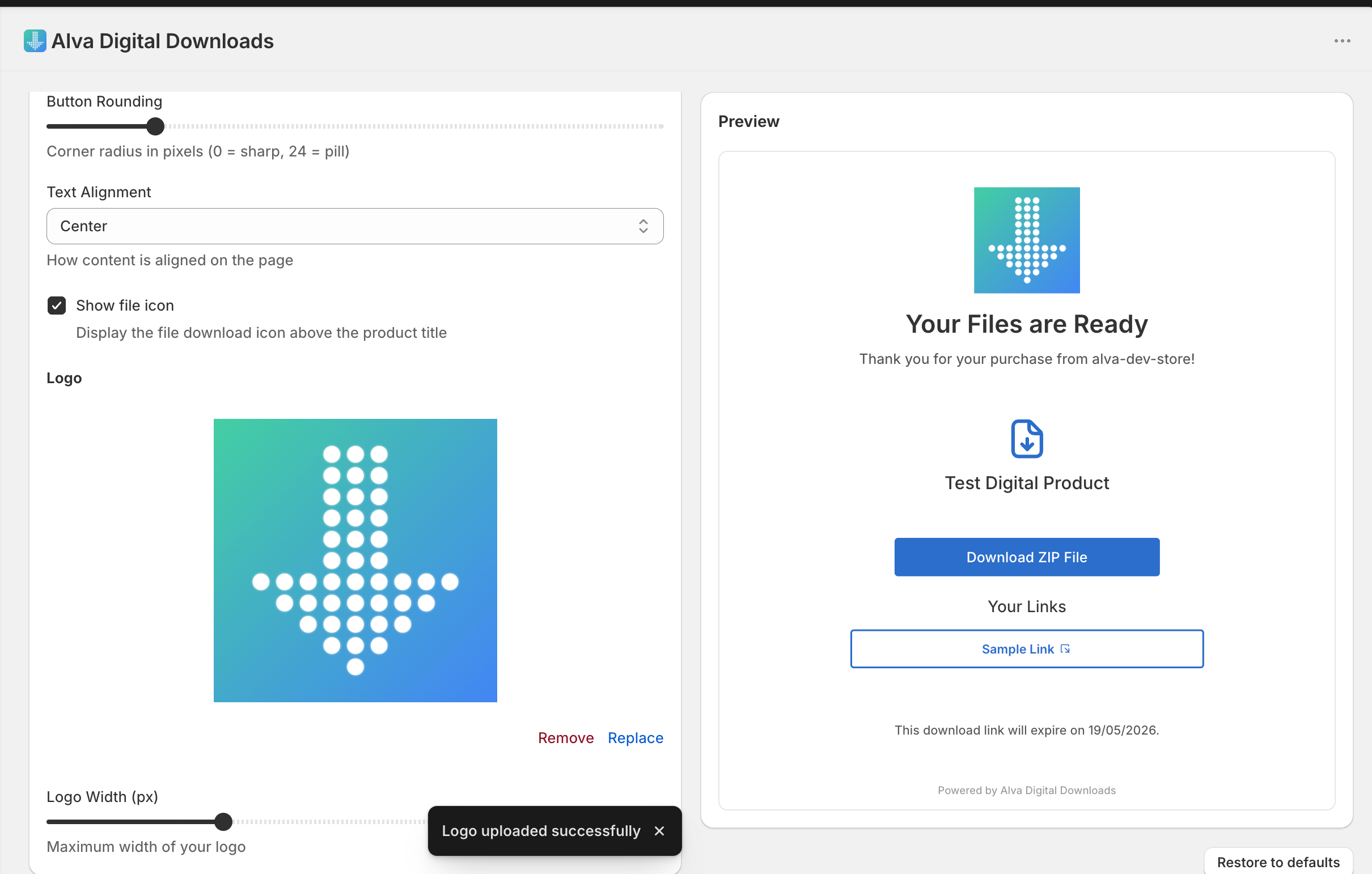 The Layout &amp; logo card with a placeholder logo uploaded, the Logo size slider mid-range, and the right-hand preview reflecting the logo at the…