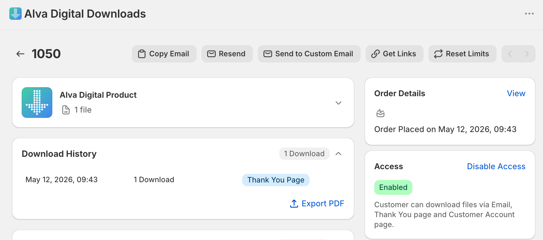 Order detail page in the Alva admin with the Downloads section visible. Show one or two example file rows with a non-zero download count. No real c…