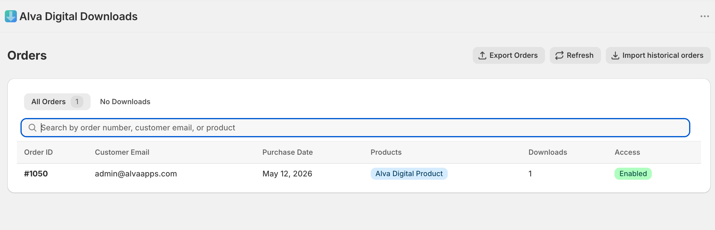 Alva admin Orders list with the search bar at the top. Highlight the search field and one example order row. No real customer data visible.
