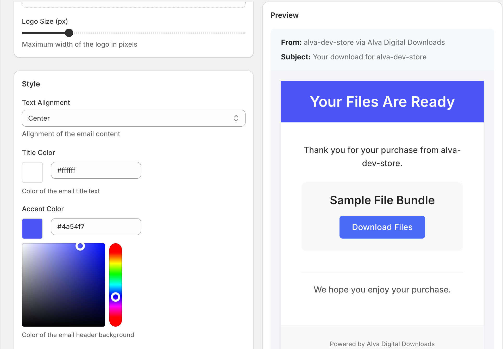 Branding controls — logo upload card with a placeholder logo, hex colour picker, and the live preview reflecting both. No real customer data visible.
