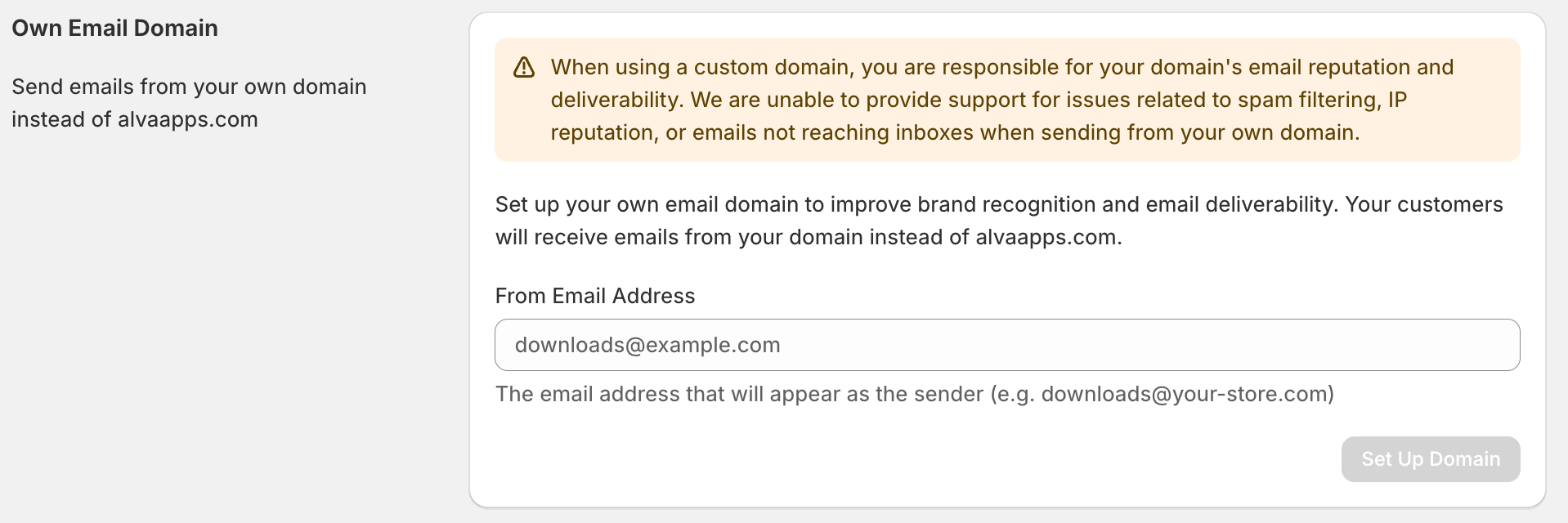 Alva admin → Settings → Custom email domain page in its empty state. Show the input labelled "Send from" with a placeholder like <code>downloads@yo…