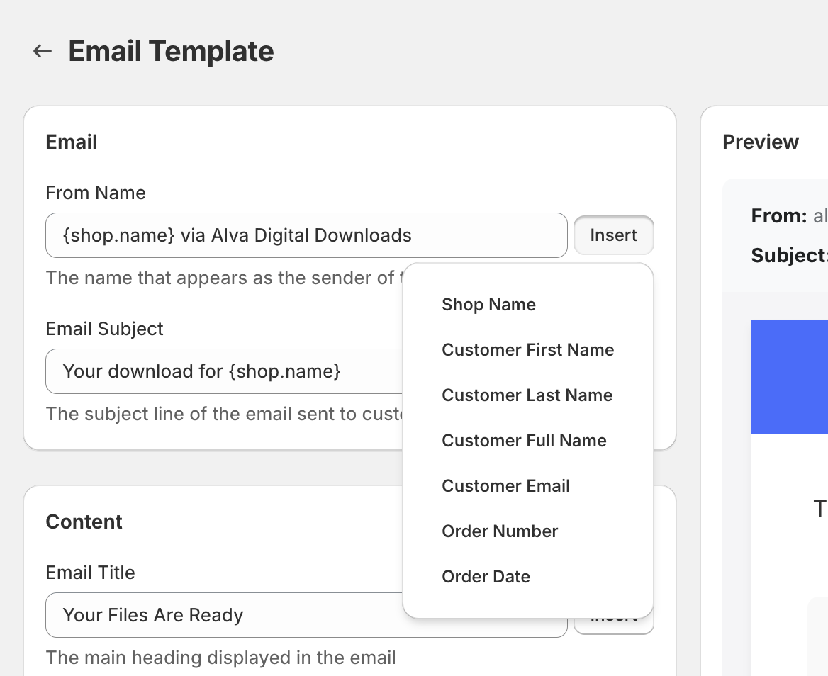 The body editor with merge-field dropdown open. Show the placeholder list (customer.first_name, order.name, download.link). No real customer data v…