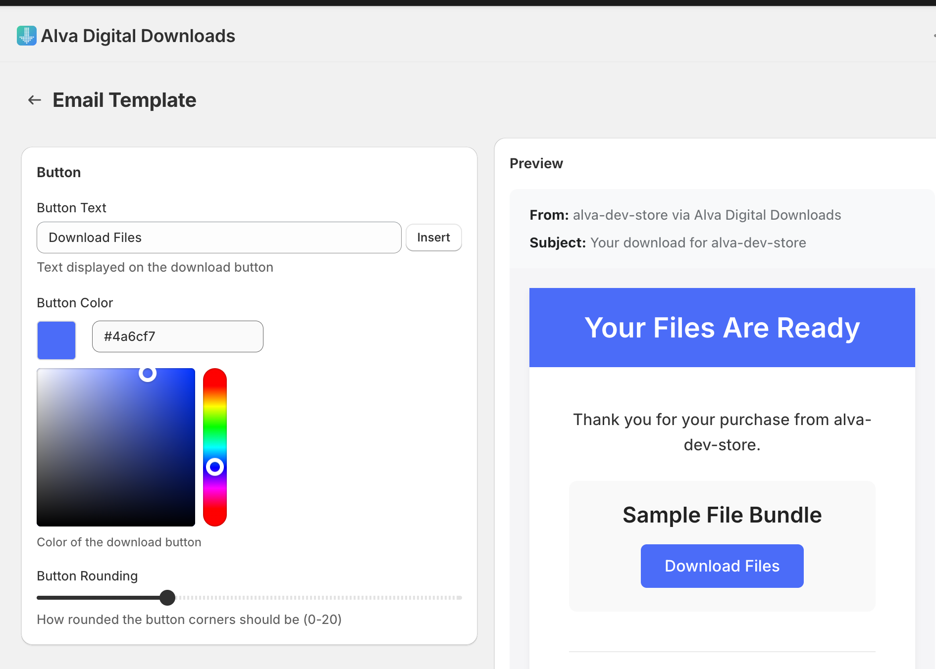 Email settings → Style and Button sections side by side. Show three open Polaris colour pickers (Accent, Button, Title) with hex inputs visible. Hi…