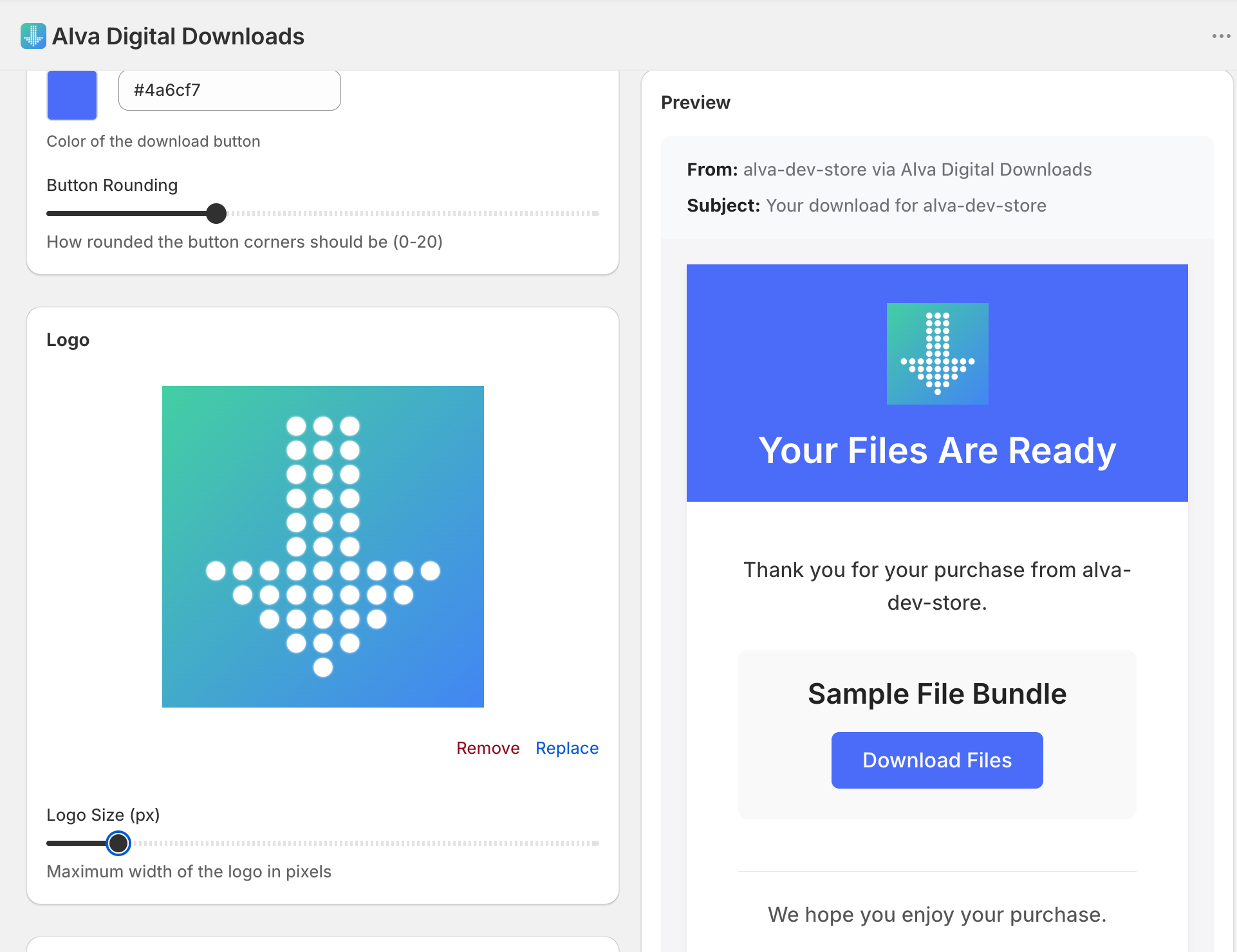 Email settings → Logo card. Show the Upload button, a placeholder square logo already uploaded, and the size slider. Highlight the Upload button. N…