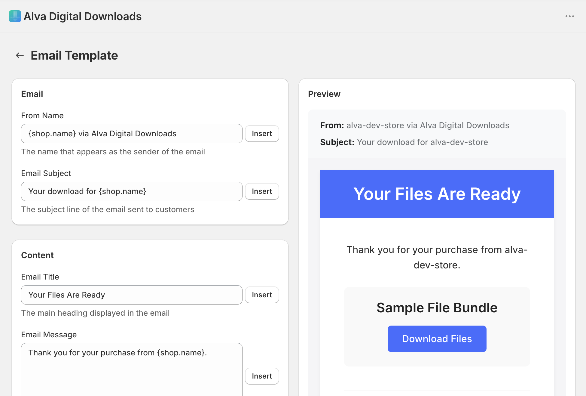 Alva Email Settings page. Show the form on the left (Subject, From name, Body) and the live preview on the right. No real customer data visible.