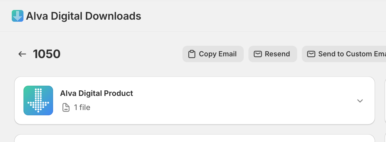 Alva admin order detail page. Highlight the actions menu in the top right with the <strong>Resend</strong> item visible. No real customer data visi…