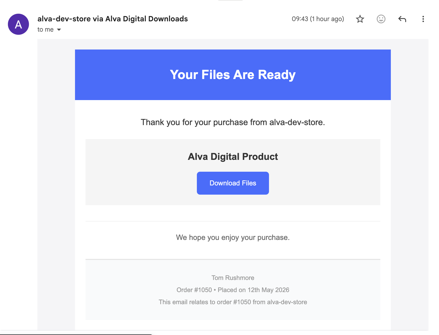 The preview email rendered in an inbox client. Show the branded header, body copy, and a Download button. No real customer data visible.