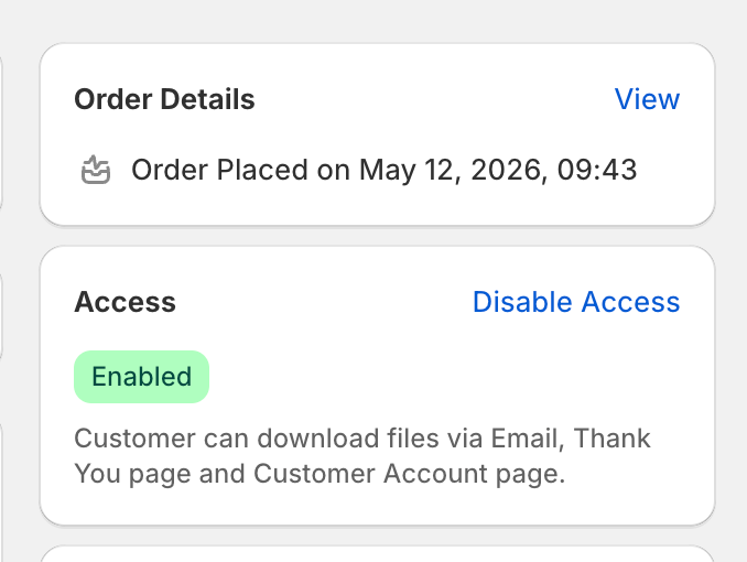 Alva admin order detail page. Highlight the Access card in the right-hand column with its current "Enabled" badge and the "Disable access" button.…