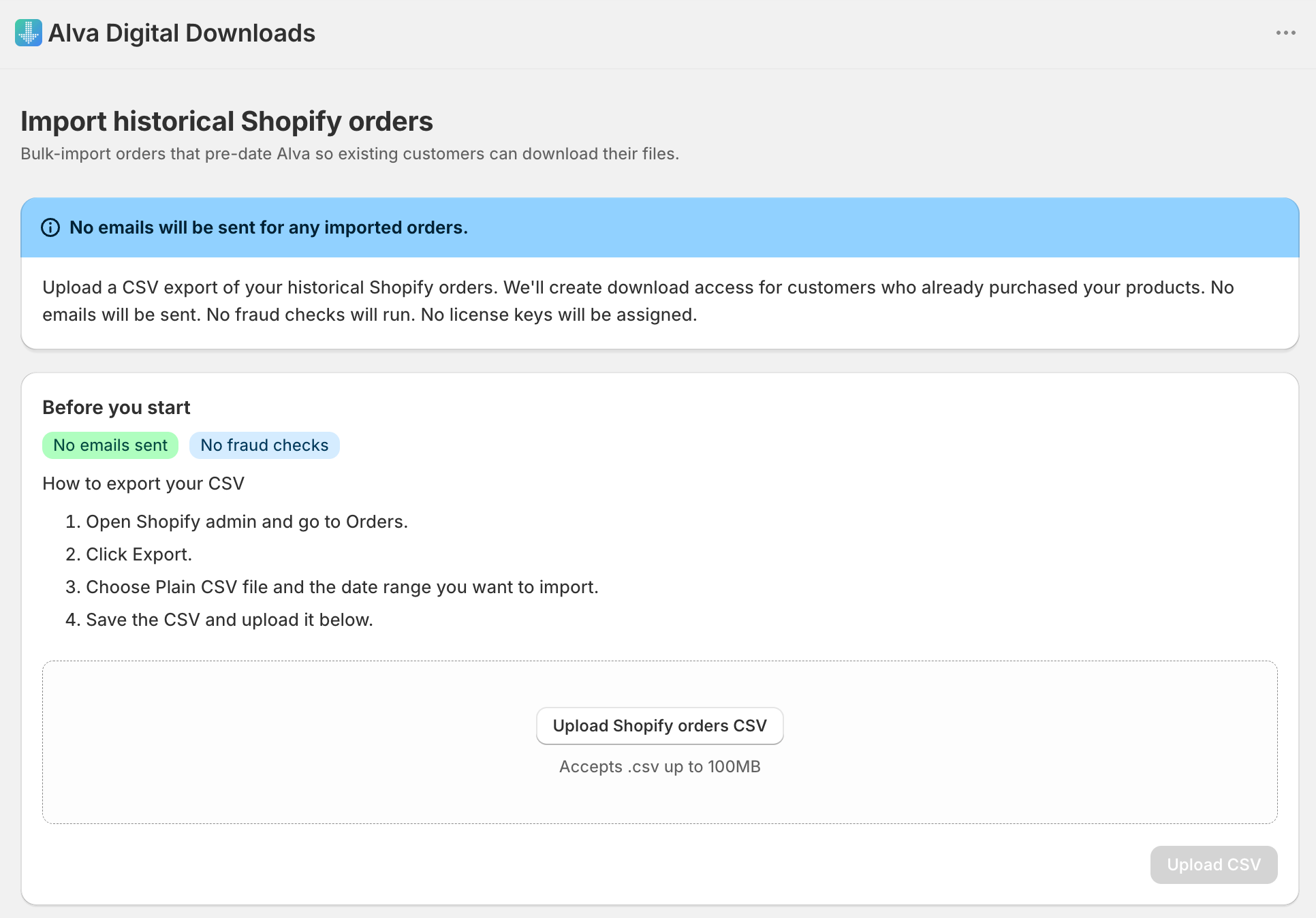 Tela de visualização do importador de pedidos do Shopify do Alva com o cartão de resumo mostrando contagens de elegíveis / ignorados / não mapeados e o botão "Iniciar importação"…