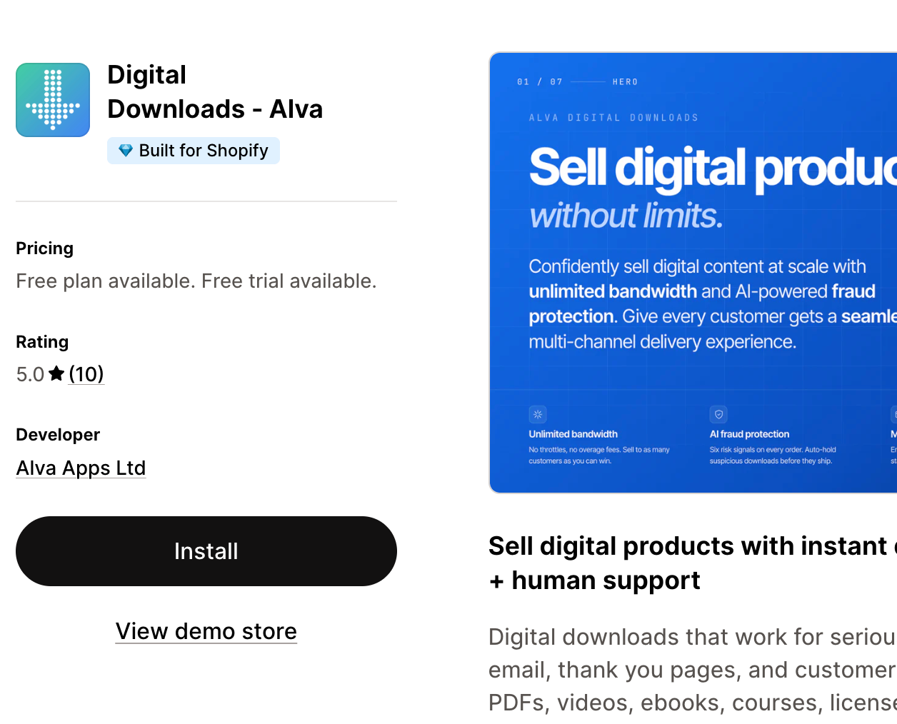 Shopify App Store listing for Alva Digital Downloads. Highlight the green "Install" button and the rating block. Crop the browser chrome.