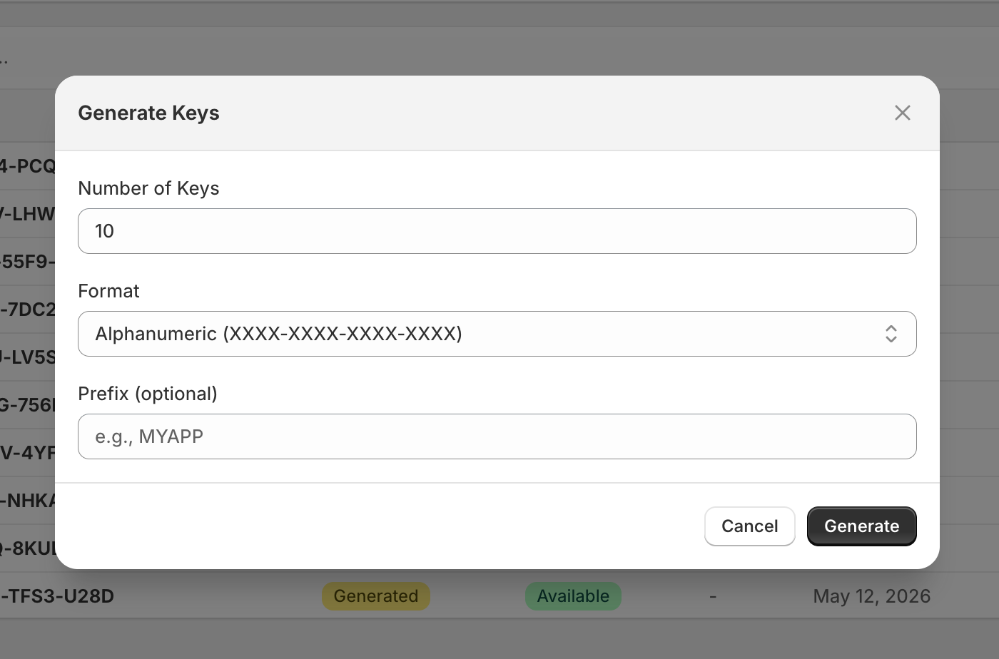 Alva admin license key group settings panel. Highlight the "Auto-generate" toggle in the on position. Show the format selector (alphanumeric / UUID…
