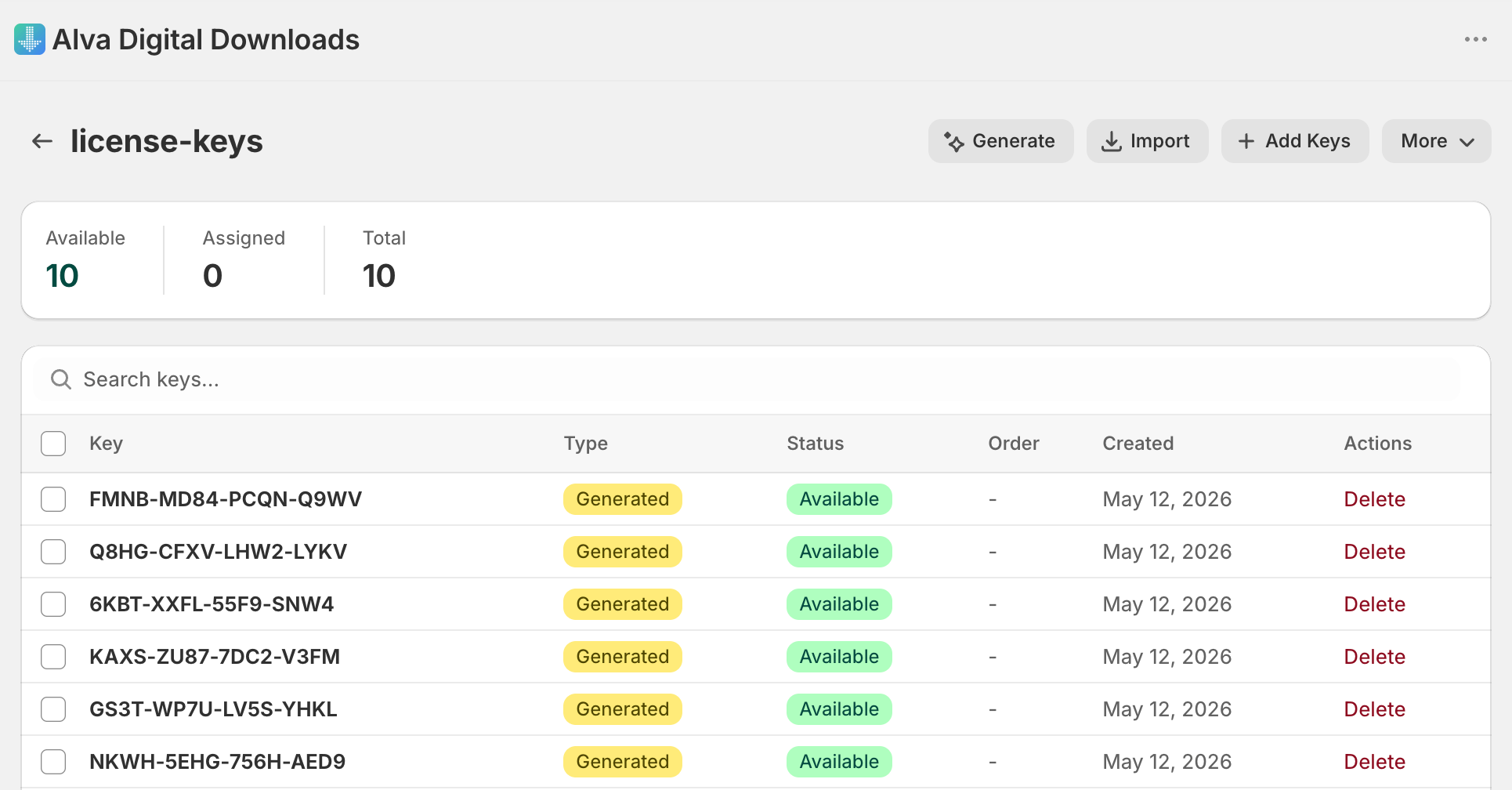 Alva admin License Keys page. Show 2–3 example license key groups in a table with name and "Available" count columns, plus the "Add License Keys" b…