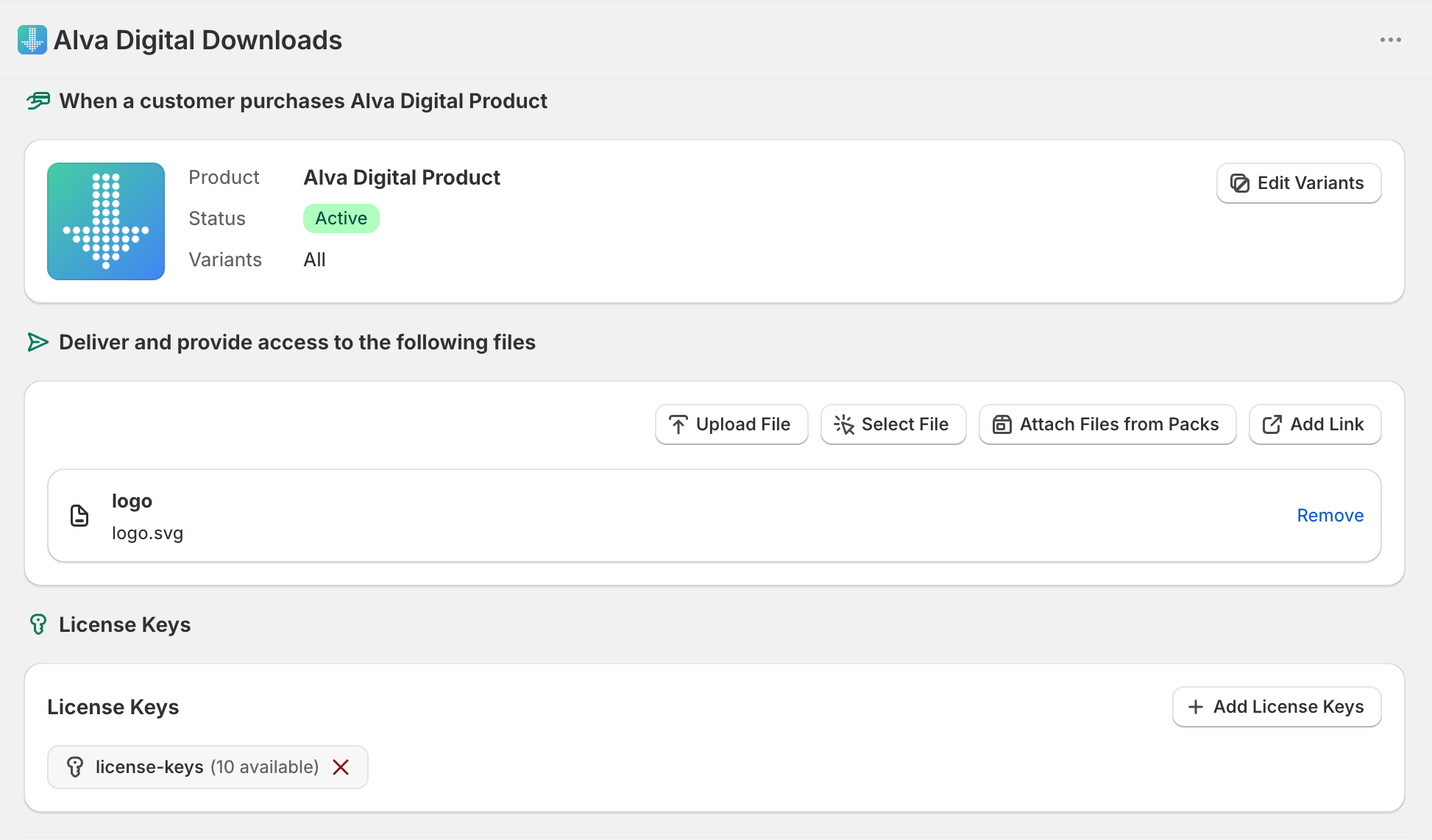 Alva admin product mapping page for a Shopify product. Show the License Keys section with one license key group attached and "12 available" badge v…