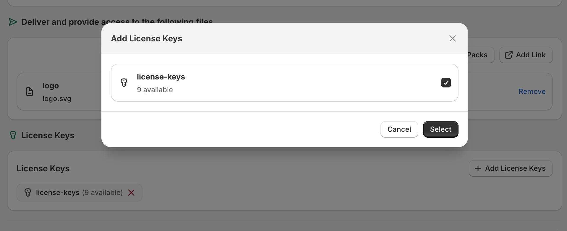 Alva admin product mapping page. Show the License Keys section with one tag attached ("pro-plugin · 47 available") and a second tag below it ("eu-r…