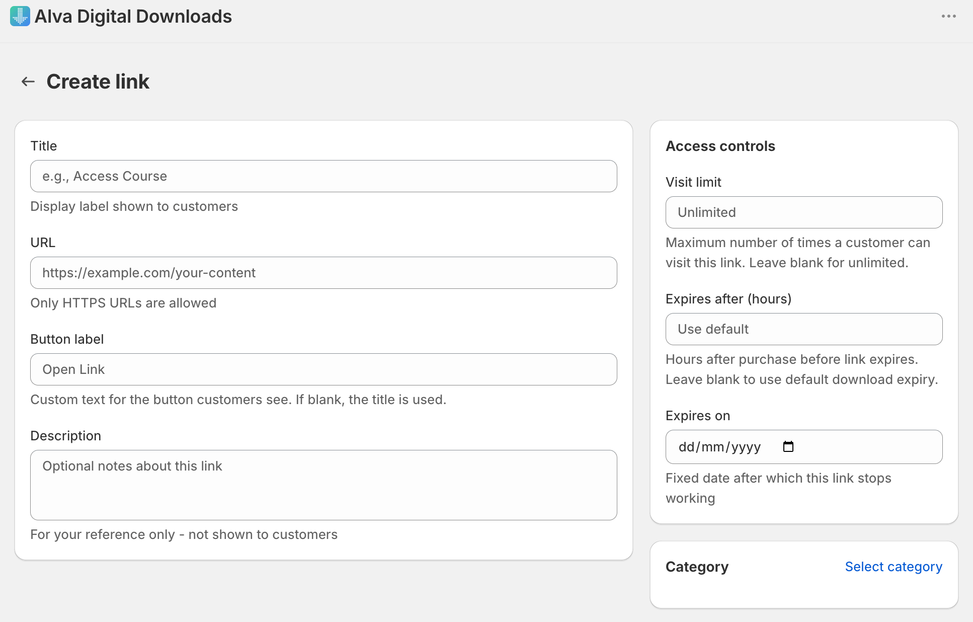 The Create link dialog with an example Vimeo URL pasted into the URL field. Show the Title, Button label, Max visits, and Expiry fields. Highlight…