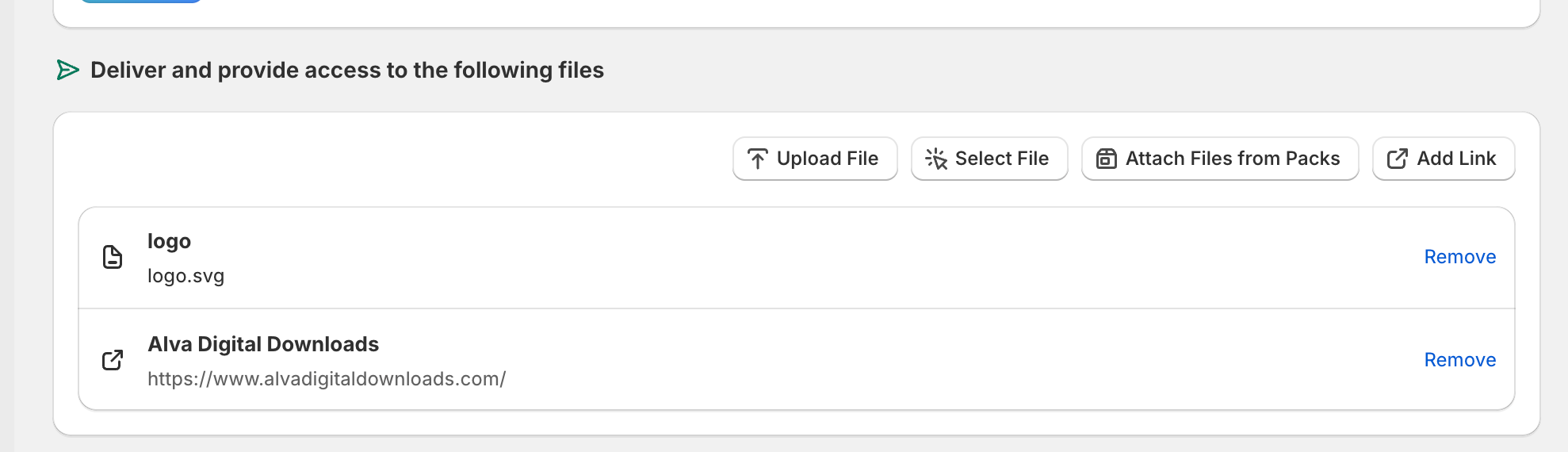 Alva admin → product mapping page showing the Files tab and the Links tab side by side at the top of the mapping editor. Both tabs visible, neither…
