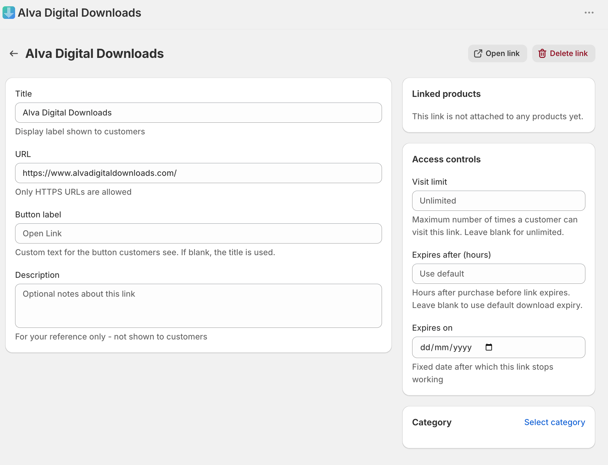 Alva admin → Link edit page → Access controls card. Show the three fields (Max visits, Expires after hours, Expires on) populated with example valu…