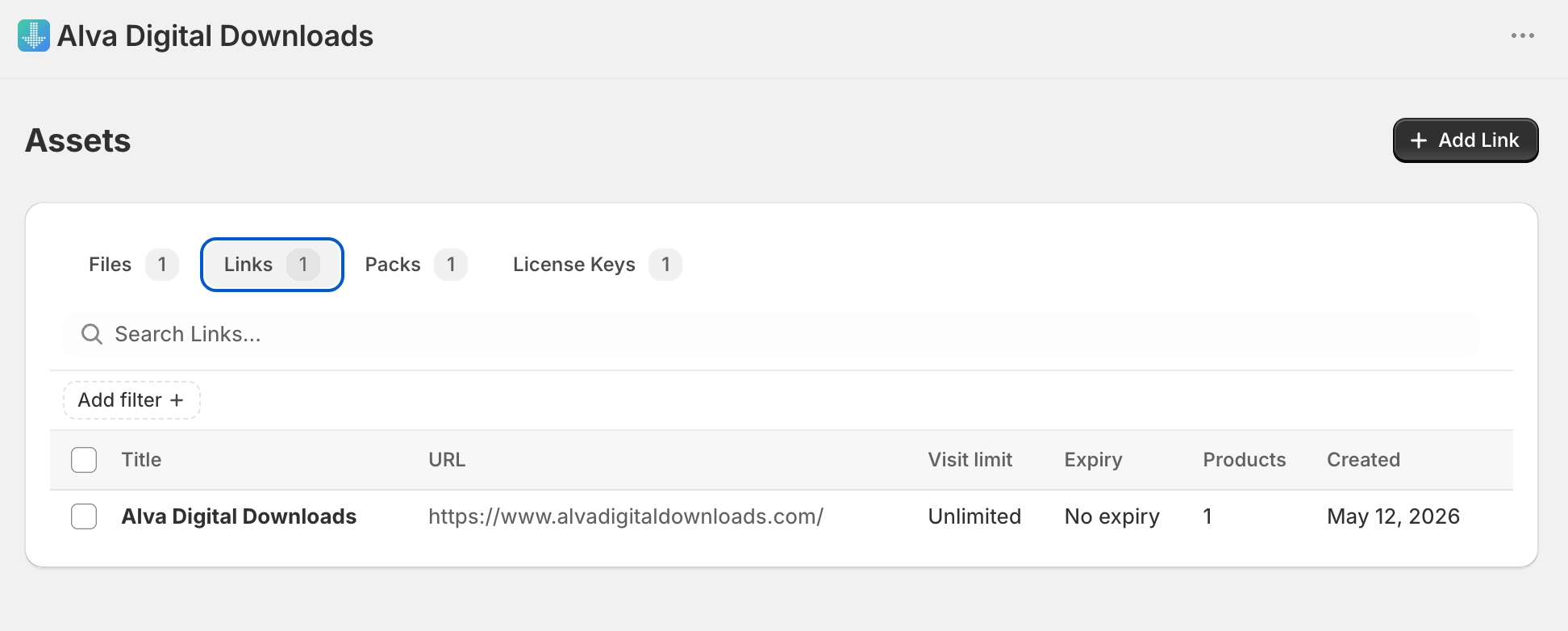 Alva admin → Links page. Show 3–5 example link rows with title, destination URL, mapped-product count, and a "Create link" button highlighted in th…
