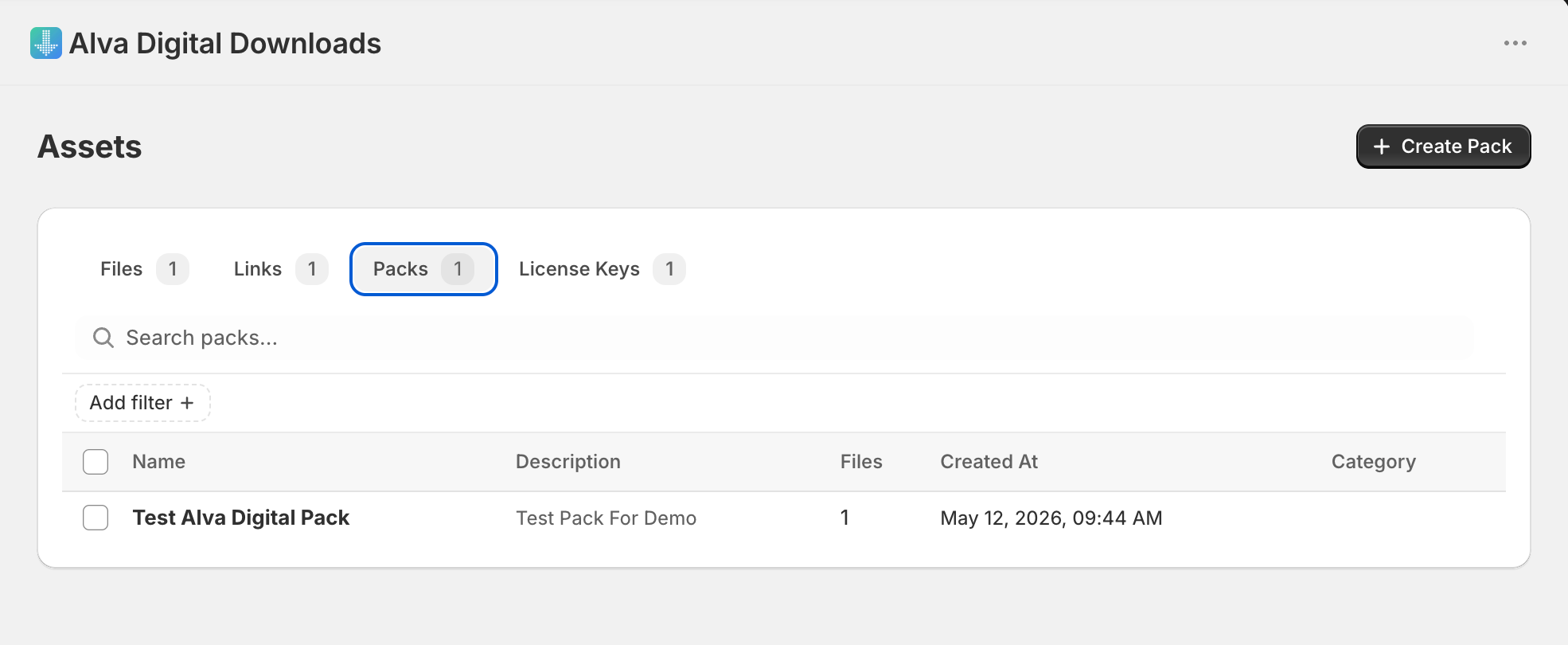 Files &amp; Packs admin page on the Packs tab. Show 3–5 sample packs with names like "Wedding font pack" and "Beat sample vol. 1", a file count col…