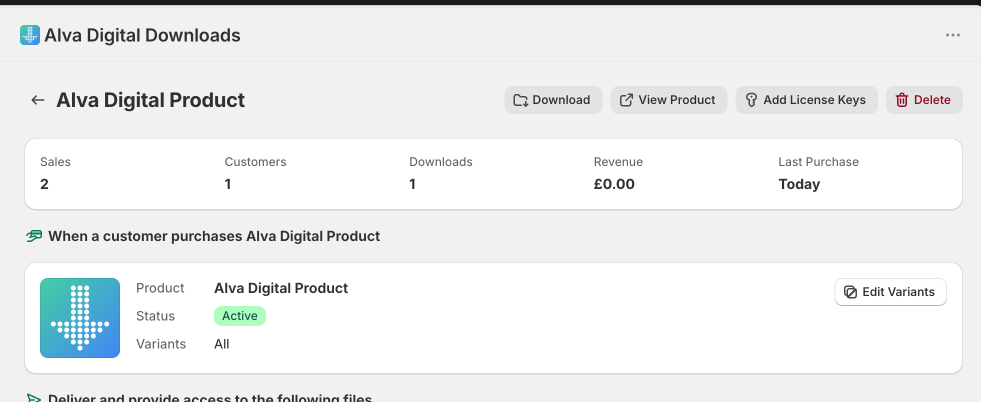 Product detail page in Alva. Show the three tabs (Files, Packs, Links). Highlight the "Add file" button on the empty Files tab.