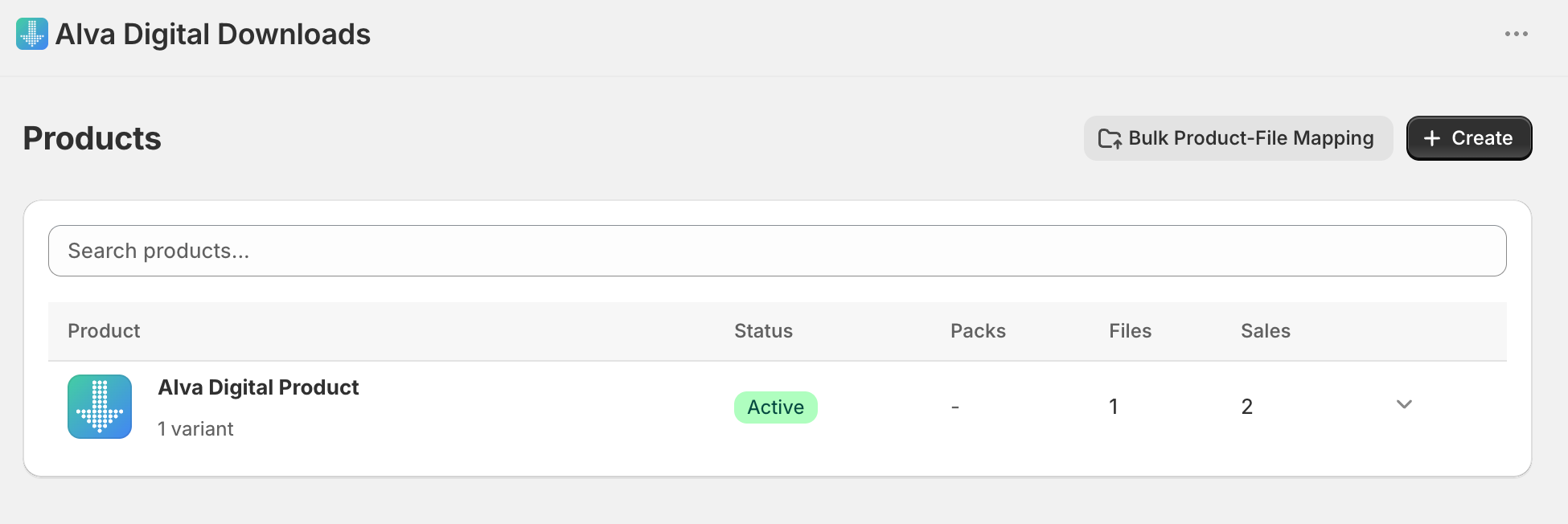 Alva Products list. Show 3–5 sample products with file counts ("0 files", "2 files"). Highlight the search bar at the top. No real customer data vi…