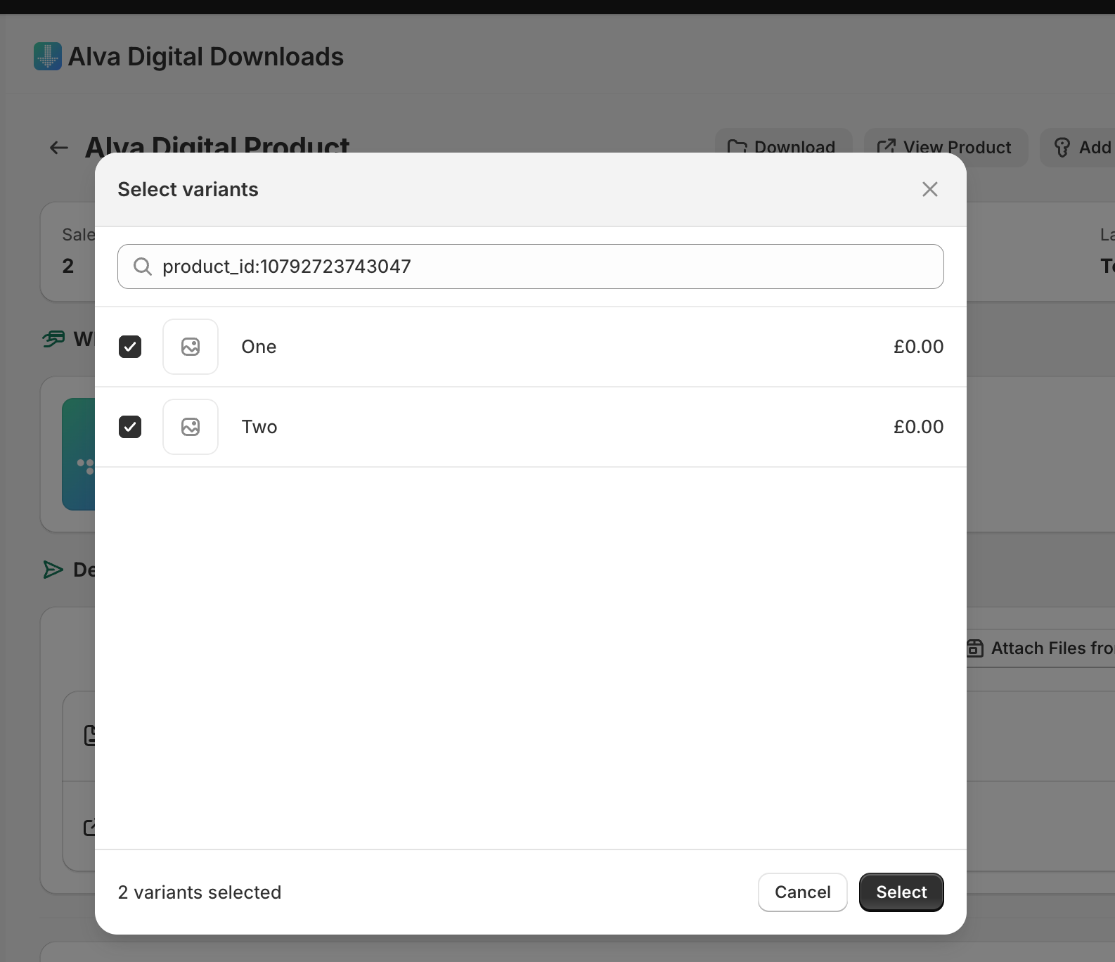 Alva product detail page for a product with 3+ variants. Show the product header, the Variants row reading "All", and the Files tab below. No real…