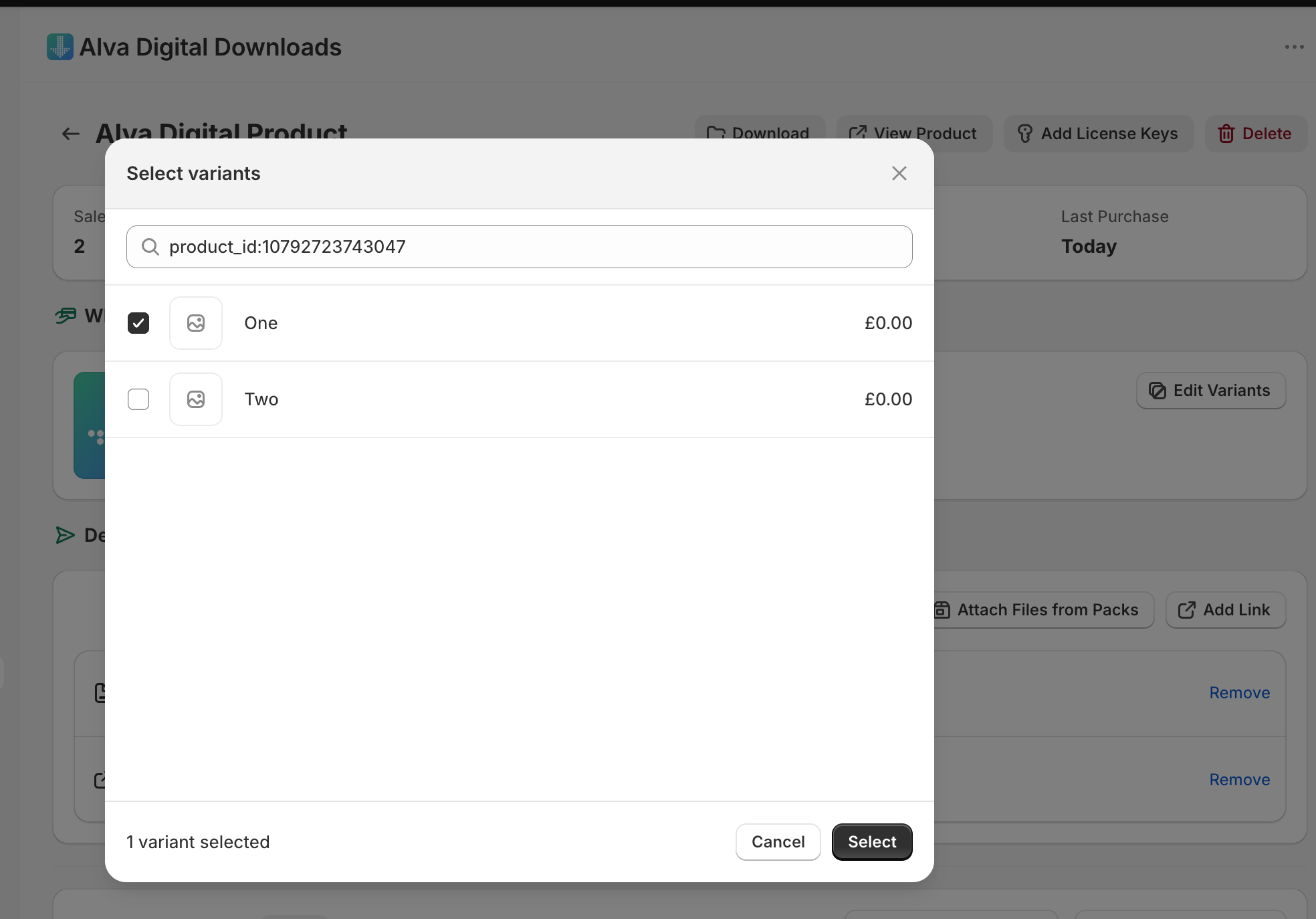 Variant resource picker dialog open over the product page. Show 3 variants in a checklist (MP3, WAV, FLAC) with only MP3 ticked. Highlight the Save…